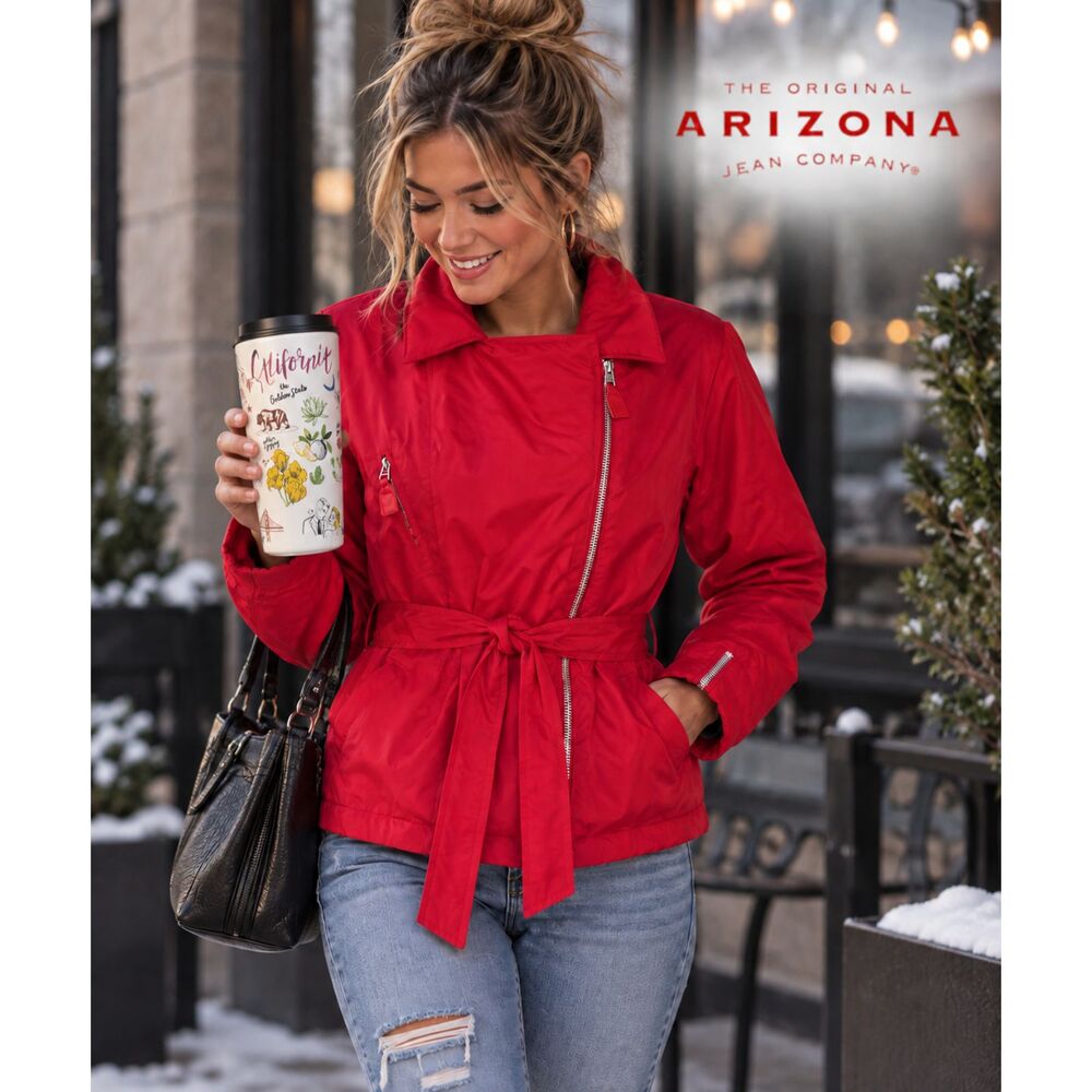 Arizona Red Belted Jacket Women's Large 12-14 Zip Front Lightweight